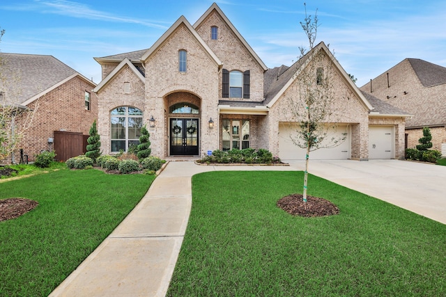 french provincial home with french doors, brick siding, a garage, driveway, and a front lawn