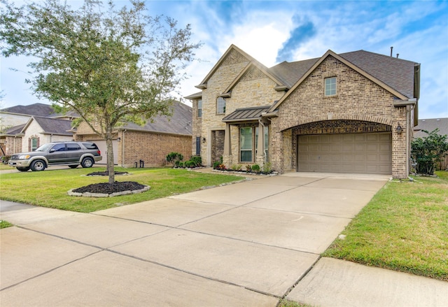 view of front facade with brick siding, a front yard, stone siding, a shingled roof, and concrete driveway