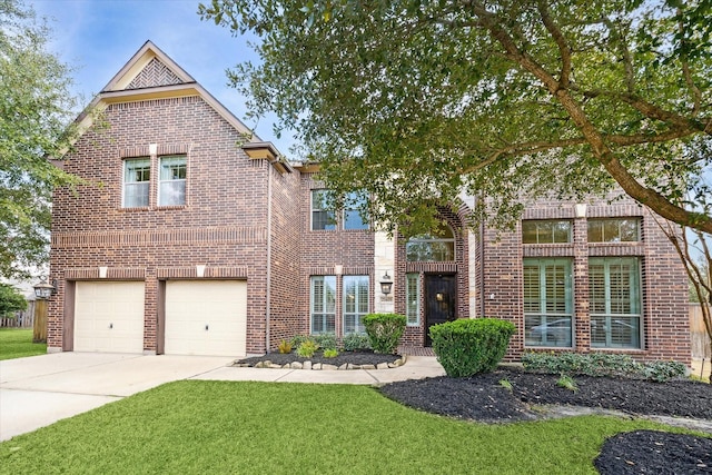 traditional-style home featuring a garage, driveway, brick siding, and a front lawn