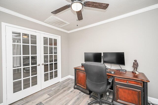 office space featuring crown molding, wood finished floors, and french doors