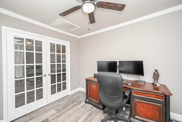 1133 Peebles St, Hempstead, TX 77445 - home office with french doors, ornamental molding, ceiling fan, baseboards, and wood finished floors