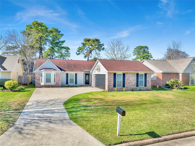 single story home featuring brick siding, a front lawn, driveway, and a garage