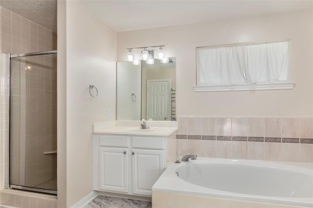 bathroom with vanity and plus walk in shower