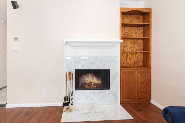 room details featuring a fireplace and hardwood / wood-style flooring