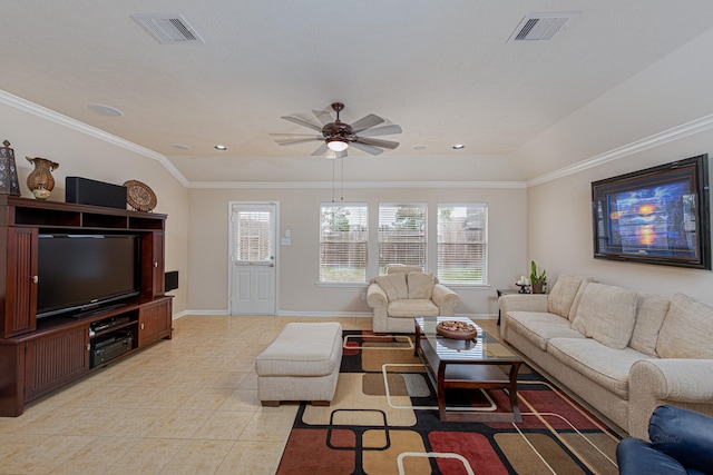 living room with light tile patterned floors, baseboards, ceiling fan, recessed lighting, and crown molding