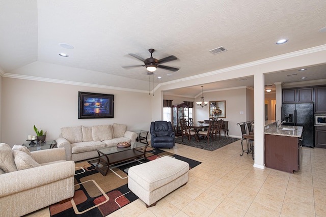 522 Arbor Green Ln, Rosenberg, TX 77469 - living room featuring ceiling fan, light tile patterned flooring, recessed lighting, a chandelier, and ornamental molding