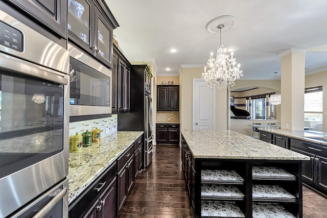 kitchen featuring stainless steel appliances, decorative backsplash, dark wood-style floors, open shelves, and crown molding