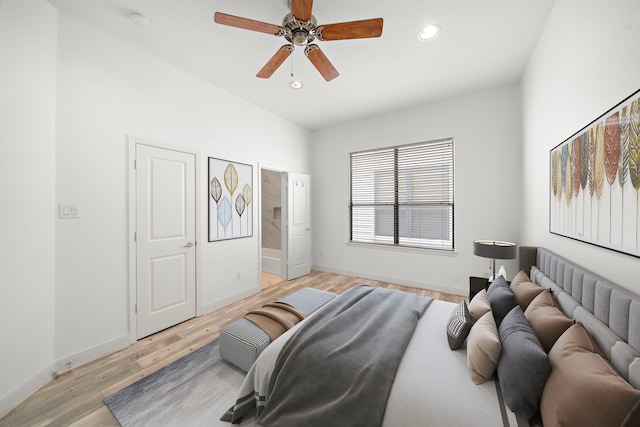 bedroom with ceiling fan, recessed lighting, light wood-style flooring, and baseboards