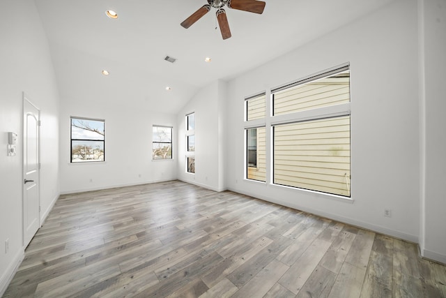 spare room with ceiling fan, recessed lighting, wood finished floors, visible vents, and baseboards