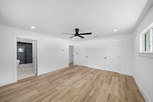 unfurnished bedroom featuring baseboards, light wood finished floors, visible vents, and recessed lighting