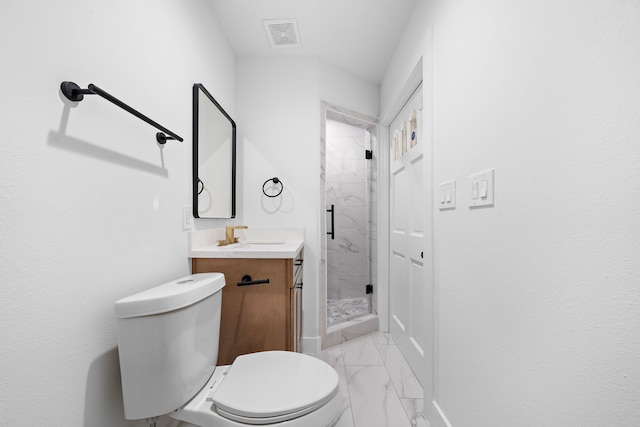 full bath with marble finish floor, a marble finish shower, visible vents, toilet, and vanity