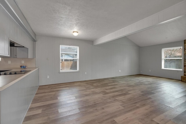 interior space featuring open floor plan, light countertops, a textured ceiling, and wood finished floors