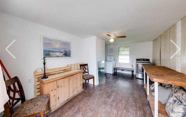 interior space featuring ceiling fan, washer / clothes dryer, and dark hardwood / wood-style floors