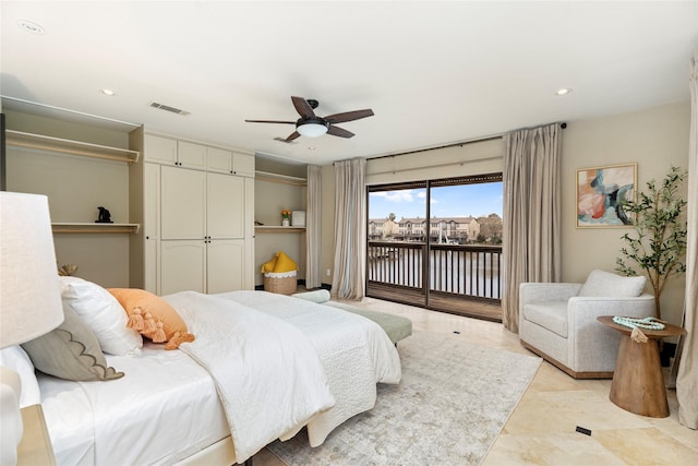 bedroom featuring recessed lighting, a ceiling fan, visible vents, access to outside, and a closet