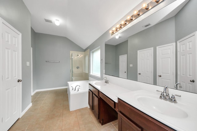 full bathroom with a bath, walk in shower, a sink, and visible vents