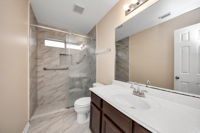 full bathroom featuring toilet, marble finish floor, a stall shower, and visible vents