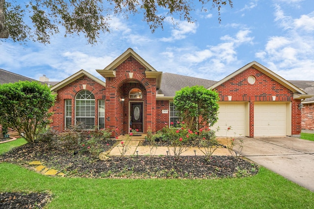 traditional-style house with a garage, concrete driveway, brick siding, and roof with shingles