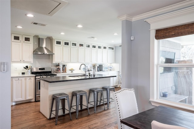 kitchen with white cabinetry, a kitchen island with sink, sink, stainless steel gas range oven, and wall chimney range hood