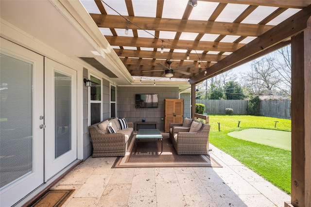 view of patio with an outdoor hangout area, ceiling fan, and a pergola