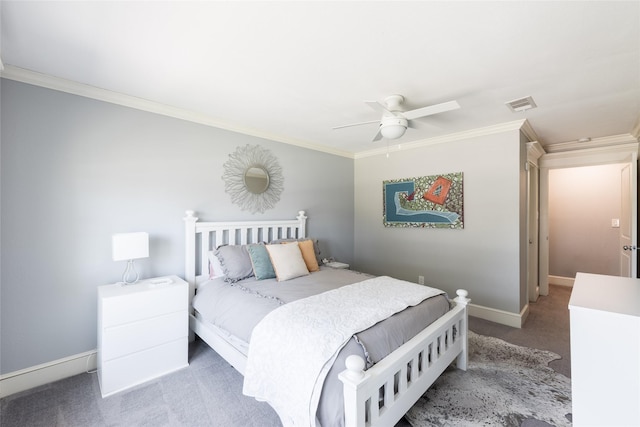 bedroom with carpet, crown molding, and ceiling fan