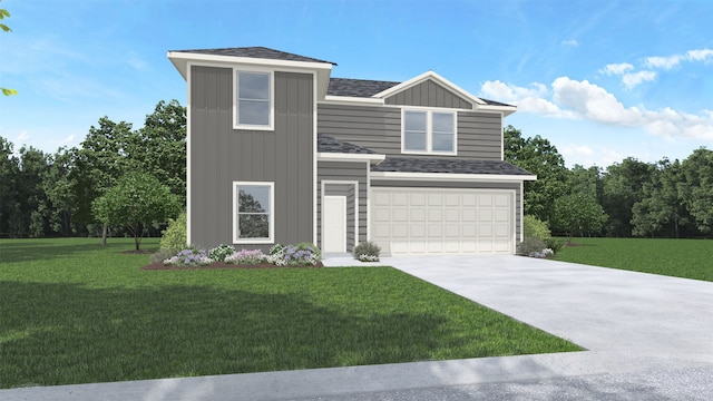 view of front of home featuring a front yard, concrete driveway, and board and batten siding