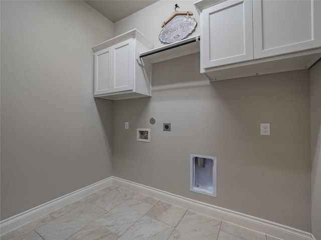 laundry room with hookup for a washing machine, hookup for an electric dryer, baseboards, marble finish floor, and cabinet space