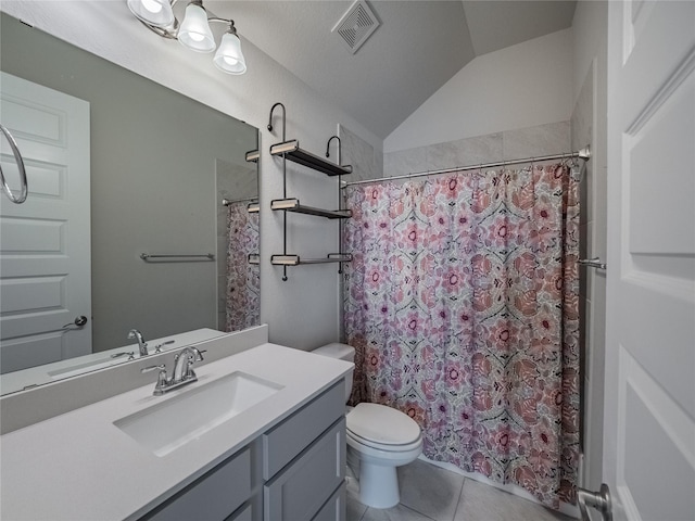 full bath featuring visible vents, lofted ceiling, toilet, tile patterned floors, and vanity