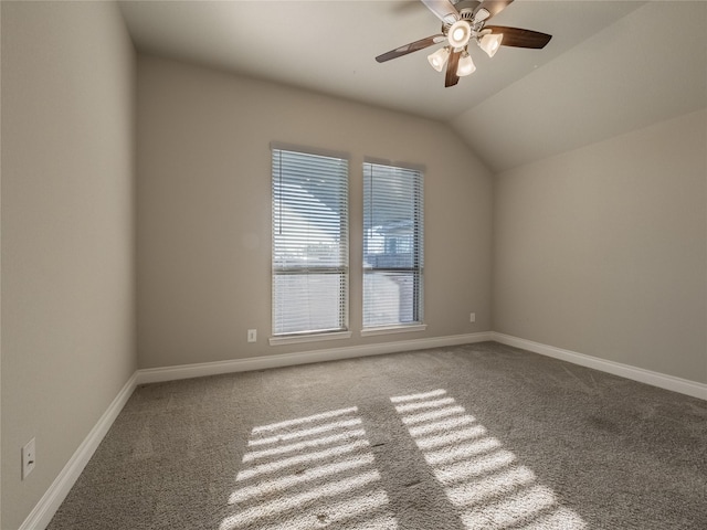 bonus room featuring carpet, ceiling fan, lofted ceiling, and baseboards