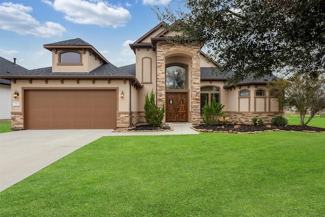 view of front of property featuring stucco siding, stone siding, a front lawn, a garage, and concrete driveway