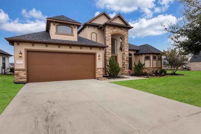 view of front of home with a front lawn, stucco siding, and stone siding