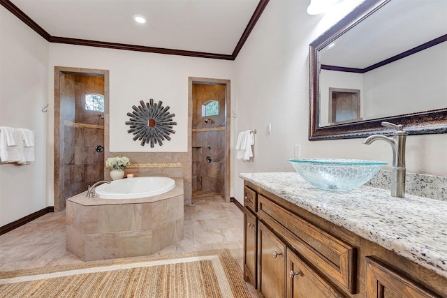 full bath featuring baseboards, vanity, a walk in shower, crown molding, and a garden tub