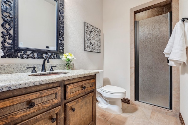 bathroom with toilet, a stall shower, tile patterned flooring, and vanity