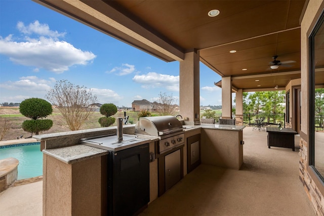 view of patio featuring an outdoor pool, grilling area, area for grilling, and ceiling fan