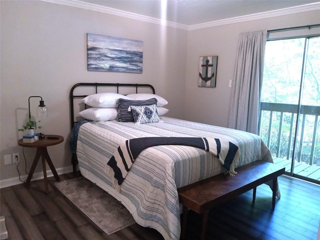 bedroom featuring crown molding, access to exterior, dark wood finished floors, and baseboards