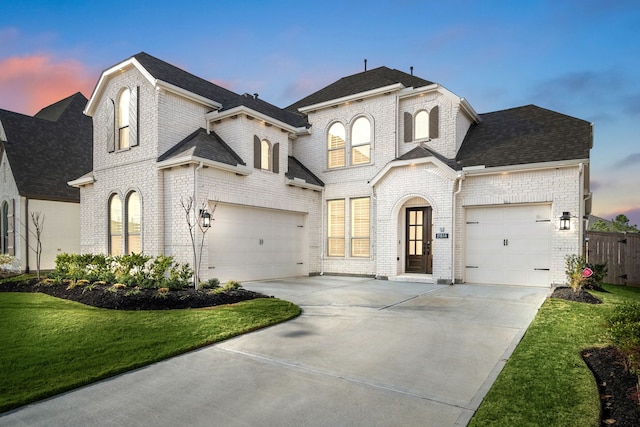 french country style house with an attached garage, concrete driveway, brick siding, and a front yard