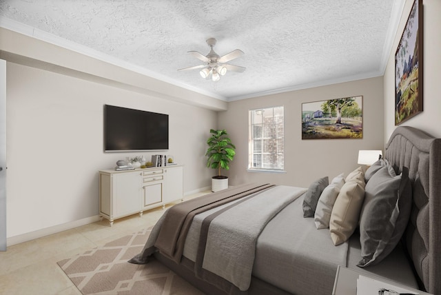 bedroom with a textured ceiling, ceiling fan, and ornamental molding