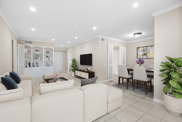 tiled living room with ornamental molding