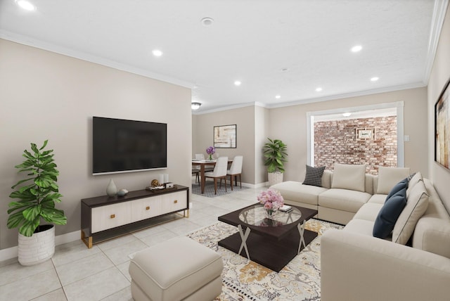 tiled living room featuring ornamental molding