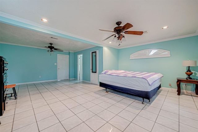 bedroom with crown molding, ceiling fan, and light tile patterned floors
