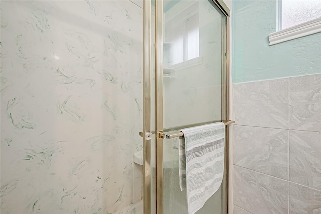 bathroom with plenty of natural light and a shower with shower door
