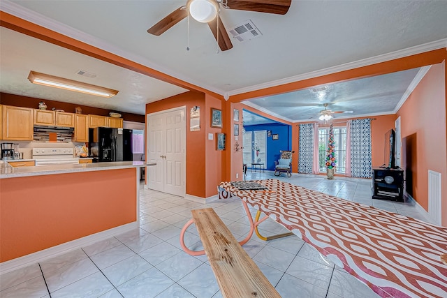 living room with crown molding, ceiling fan, and light tile patterned flooring