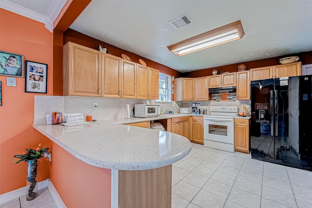 kitchen featuring light brown cabinetry, kitchen peninsula, light tile patterned floors, and white appliances