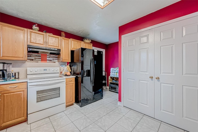 kitchen with light brown cabinets, black refrigerator with ice dispenser, light tile patterned flooring, and white range with electric cooktop