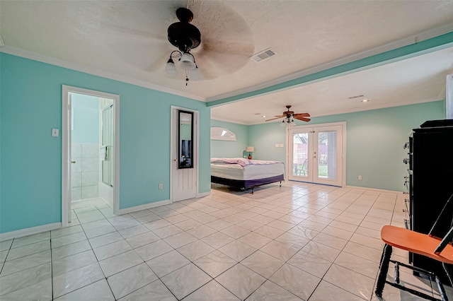 unfurnished bedroom with ornamental molding, light tile patterned flooring, french doors, ceiling fan, and a textured ceiling