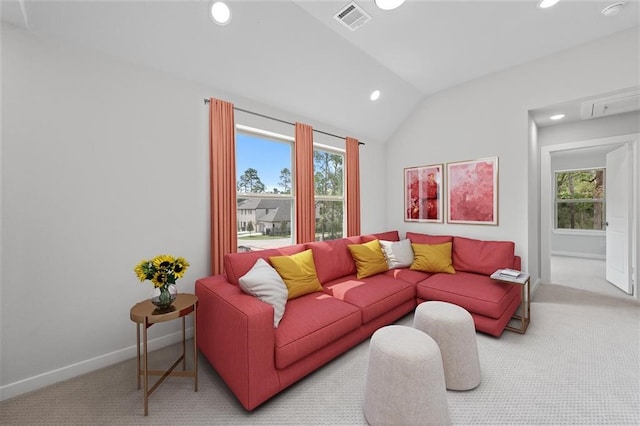 carpeted living room with visible vents, recessed lighting, baseboards, and vaulted ceiling