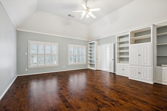 unfurnished living room featuring lofted ceiling, visible vents, dark wood finished floors, and ceiling fan