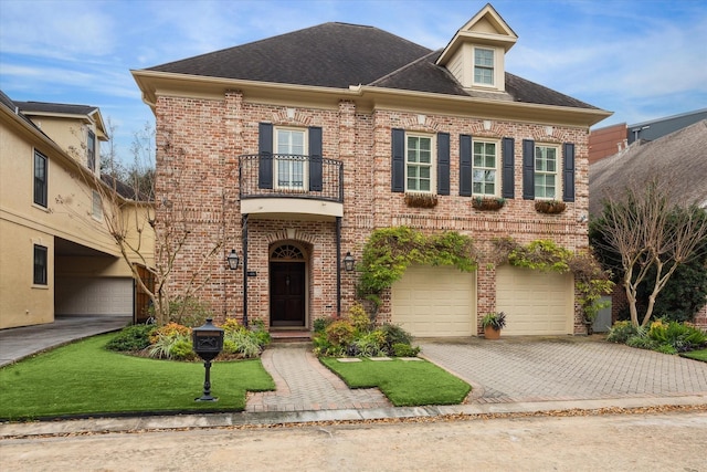 colonial home with a garage, brick siding, a balcony, decorative driveway, and a front yard