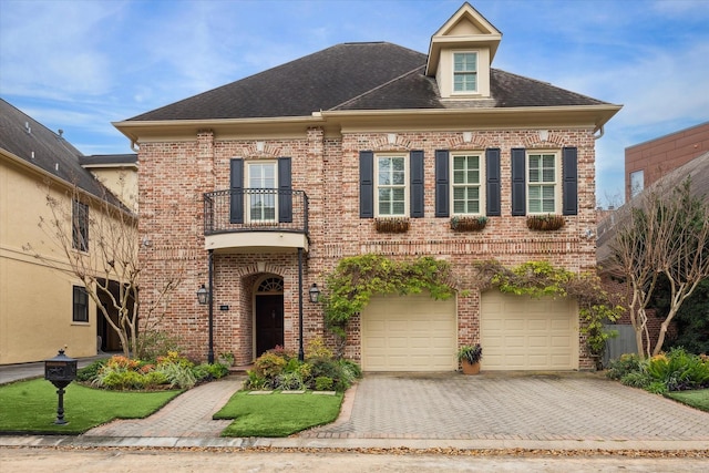 view of front of home featuring brick siding, decorative driveway, an attached garage, and a balcony