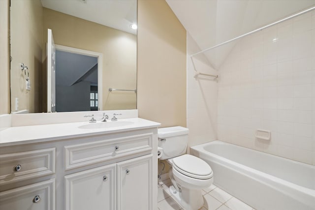 bathroom with washtub / shower combination, vanity, toilet, and tile patterned floors