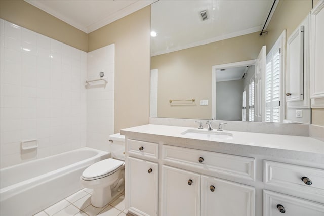 full bath with ornamental molding, tile patterned flooring, and toilet